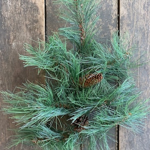 May include: A green pine garland with two brown pine cones. The garland is on a wooden background.