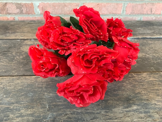 19 Red Open Rose Bush X14 With Water Droplets Artificial Fake Silk Faux  Flowers Floral Arrangement Bouquet Supplies Craft Valentine's Day 
