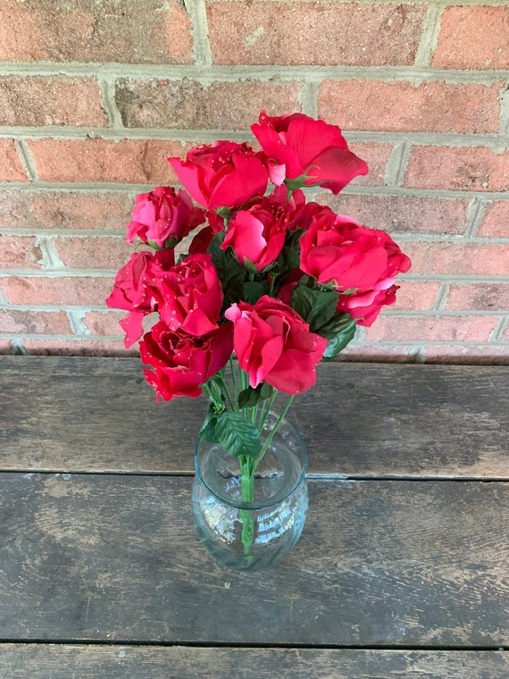 19 Hot Pink Open Rose Bush X14 With Water Droplets Artificial Fake