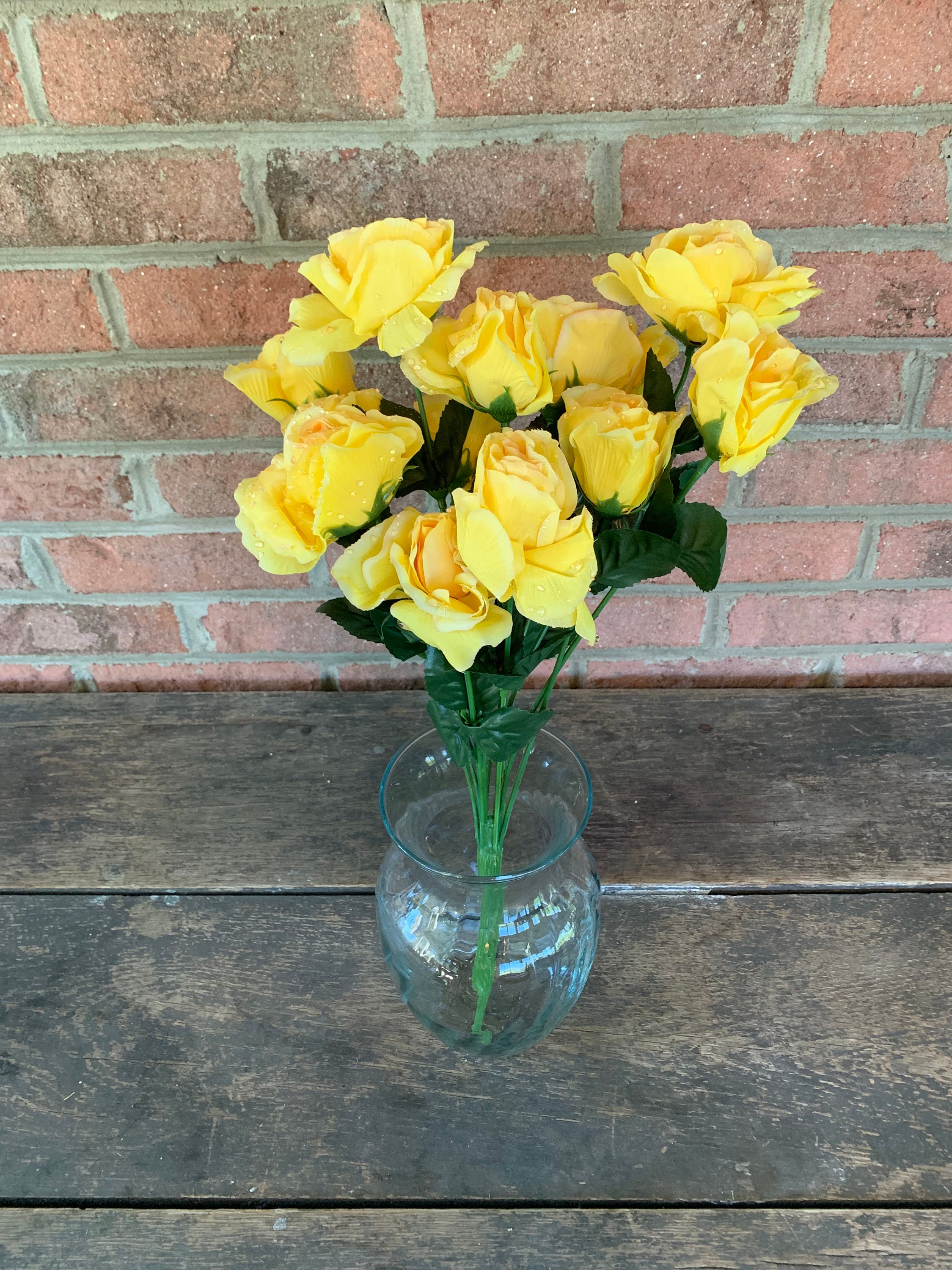 19 Yellow Open Rose Bush X14 With Water Droplets Artificial Fake
