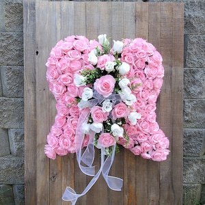 Angel Wings Funeral Arrangement with pink and white roses ~ Cemetary Arrangement