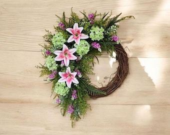 Hydrangea Lily Wreath: Silk Spring Floral Grapevine Wreath