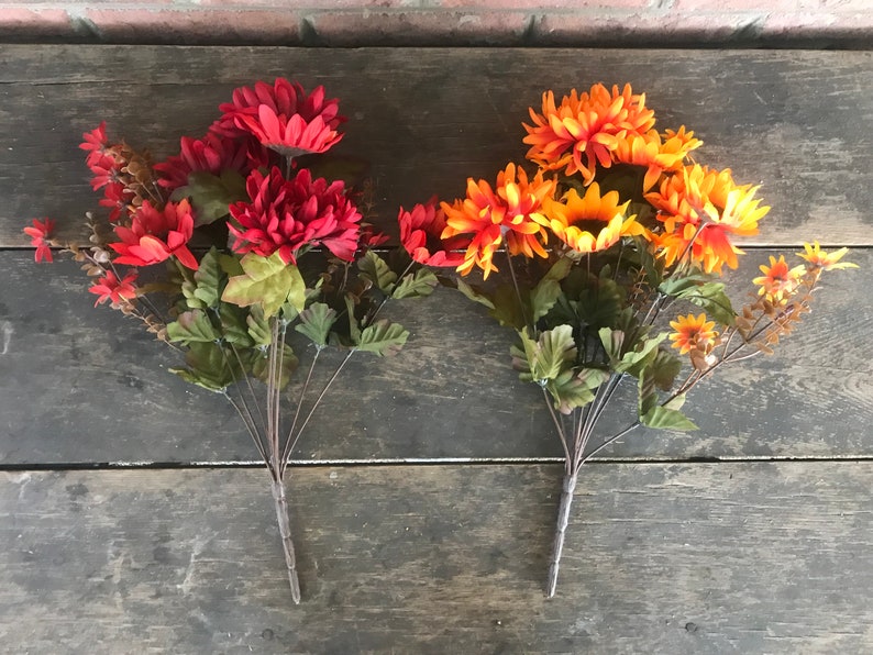 18 Mum Sunflower Bush x9 Orange Burgundy Red Artificial Fake Silk Fall Arrangement Floral Flowers Wreath Florist Supplies Autumn Stem