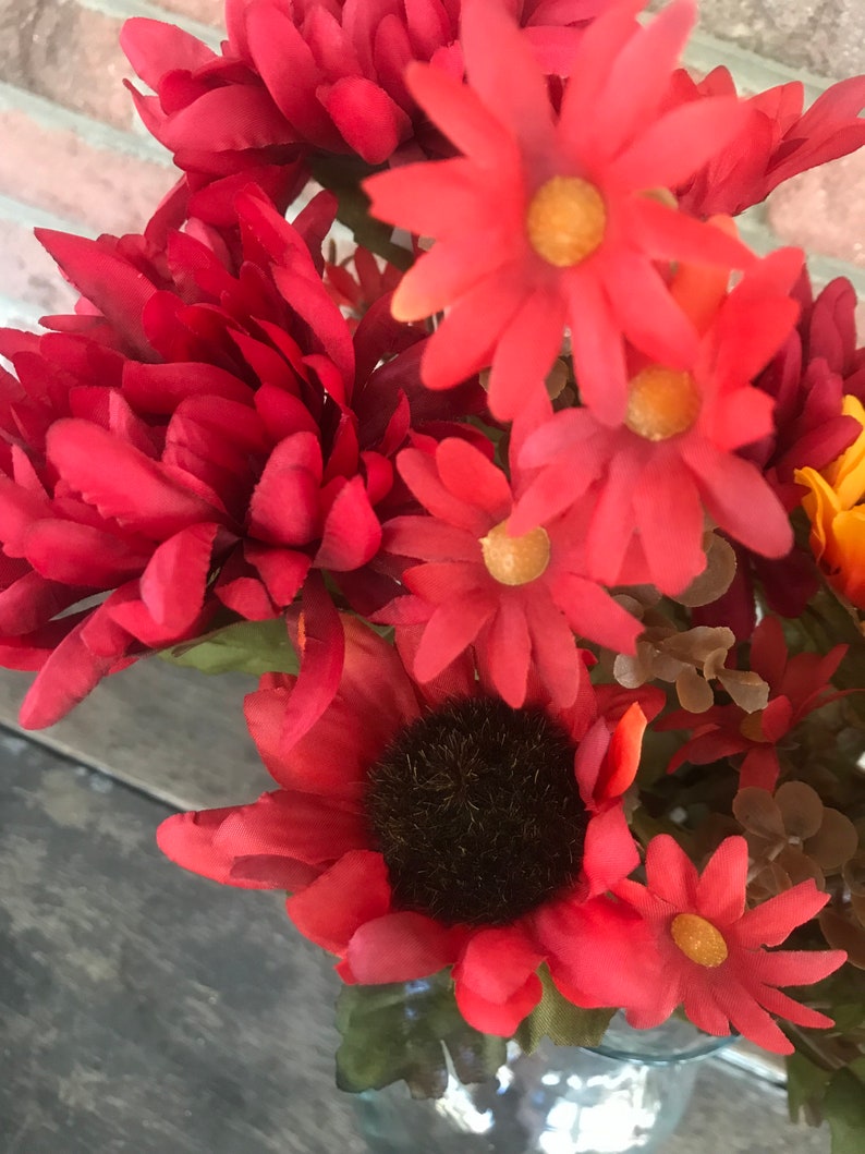 18 Mum Sunflower Bush x9 Orange Burgundy Red Artificial Fake Silk Fall Arrangement Floral Flowers Wreath Florist Supplies Autumn Stem