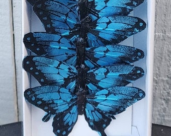 12 Large Feather Blue Butterflies 3 inch  - Vibrant Butterfly