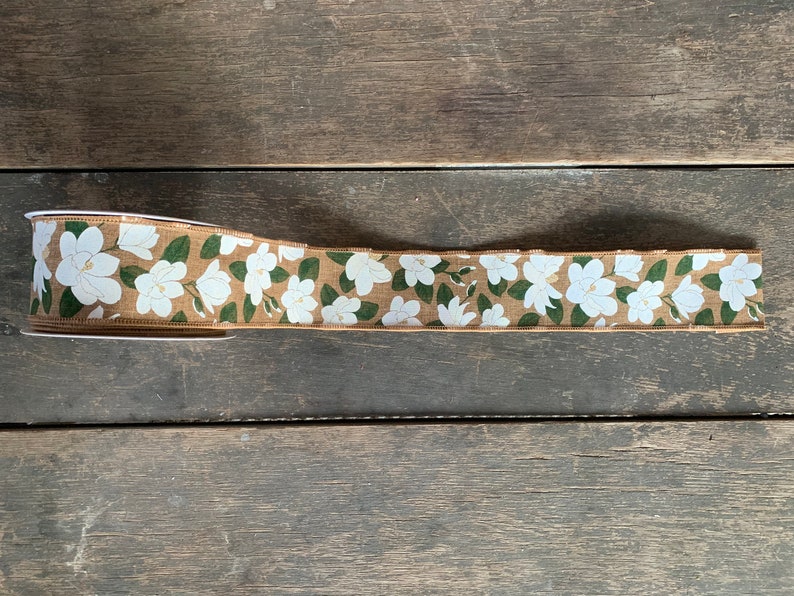 2 COLORS - Magnolia Print on Canvas Material Wired Ribbon - White/Cream White/Brown image 2