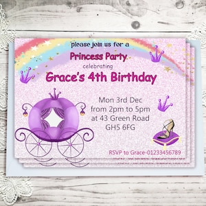 Personalised Princess Cart Birthday Party Invitations Girls Rainbow invites