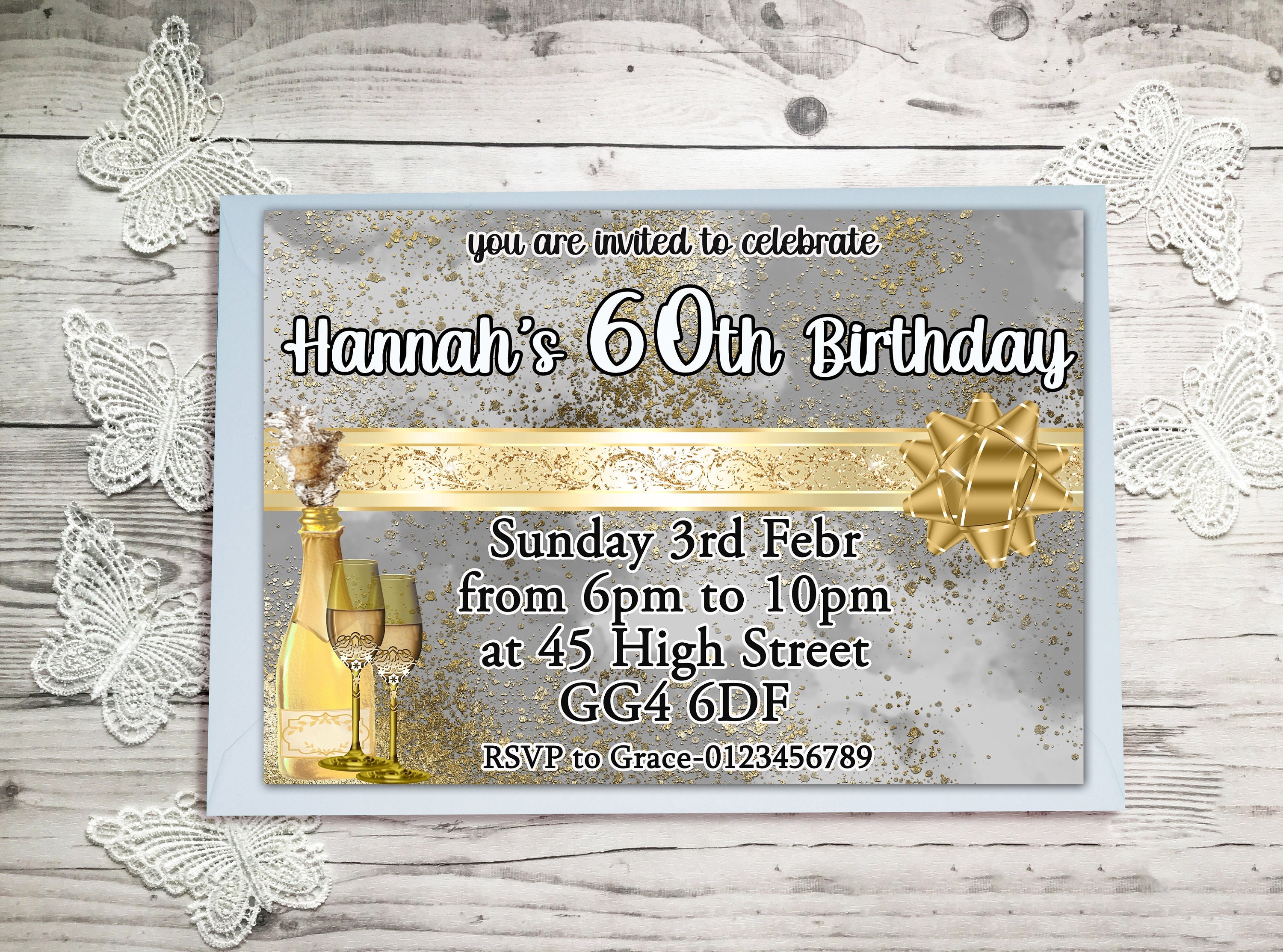 Personalised Birthday Party Invitation Adults 30TH 40TH 50TH 60TH 70TH 80TH 90TH Silver and Gold