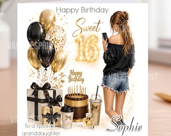 Personalised 16th girls birthday card for granddaughter niece daughter, Sweet 16th,Blond Light brown and brown hair option