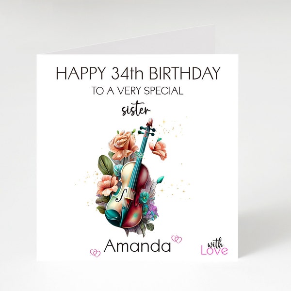 Personalised Violin Birthday Card , Musical Birthday Card For Granddaughter, Daughter, Sister
