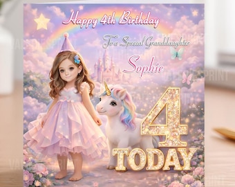 May include: A birthday card with a fantasy theme. It features a young girl in a pink dress and a unicorn. The card reads "Happy 4th Birthday To a Special Granddaughter Sophie" with a large "4 TODAY" graphic.