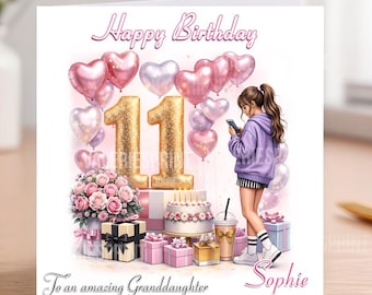 11th girls birthday card for granddaughter niece daughter in pink and rose gold theme
