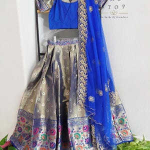 Grey Tissue Paithani Border Langa Voni Set | Junior Lehenga, Size 32 extends to 38