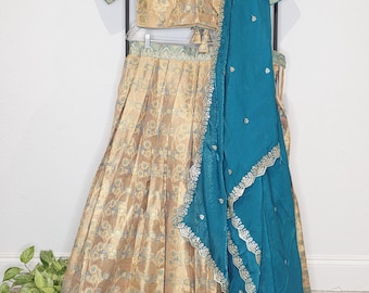 Champagne Gold Peacock Teal Semi Kanchi Tissue Half Saree Set, Bridal Festival Langa Voni, Blouse Size 38 Extends To 44.