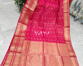 Rani Pink Pure Kanchi Soft Silk Saree, Vintage Checks, Antique Gold Zari, Maggam Blouse Size 34-40, Indian Wedding Saree