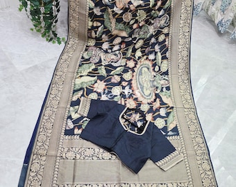 Pure Munga Crepe Kalamkari Saree, Navy Antique Gold Border, Stitched Blouse Size 42-48, Indian Wedding Festival Saree