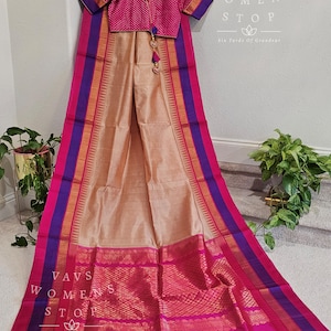 Size 38 extends to 44. Pure Kuppadam Pattu Silk Cotton Temple Border Saree - Blouse. Ready To Ship from Texas, USA by VAVS Womens Stop