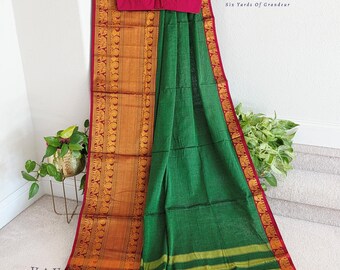 Size 38 Extends to 44. Soft Narayanpet Cotton Saree with Stitched Blouse