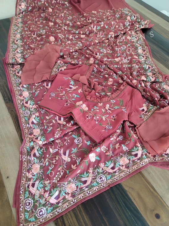 Viscose Georgette Parsi Gara Machine Embroidery Saree Blouse