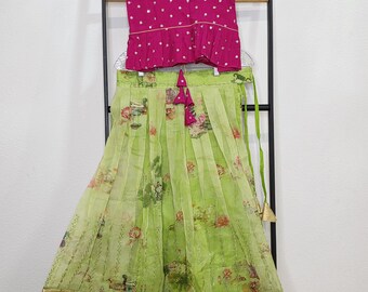 Green Organza Lehenga with Pink Chinnon Chiffon Blouse for Girls (Age 7–8)