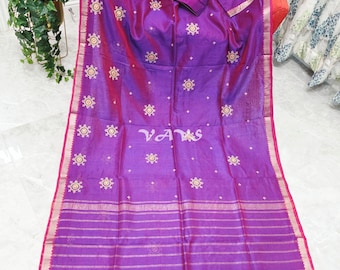 Purple Kutch Embroidery Mangalagiri Silk Cotton Handloom Saree, Stitched Blouse Size 40-46, Indian Wedding Festival Saree