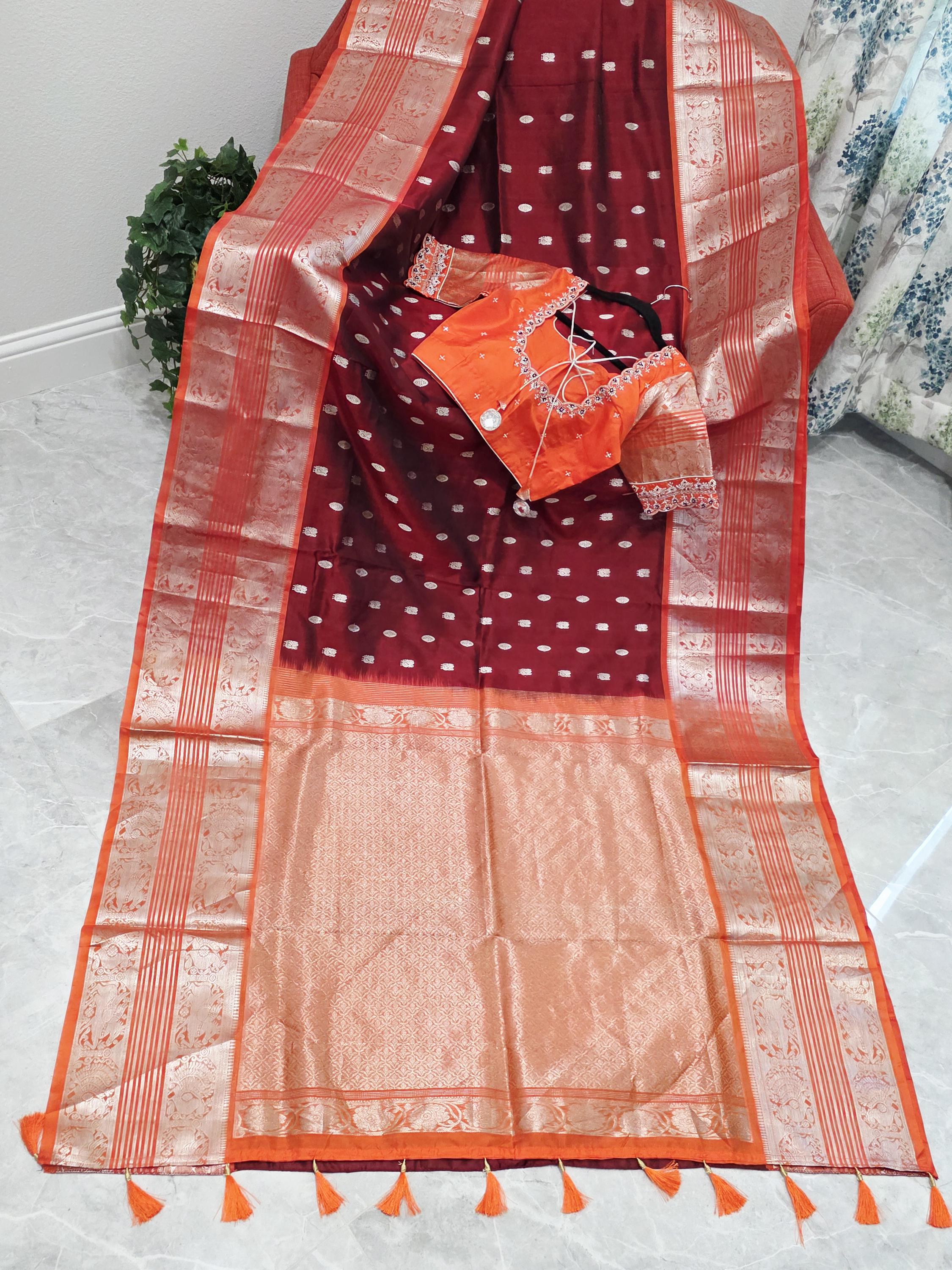 Pure Venkatagiri Silk Saree Royal Wine Sunset Orange With Maggam Blouse Size 34 Extends To 40 Ready Wear