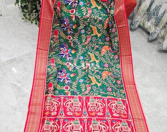 Emerald Green Patola Print Soft Silk Saree, Elephant Pallu, Stitched Blouse Size 40-46, Indian Wedding Festival Saree