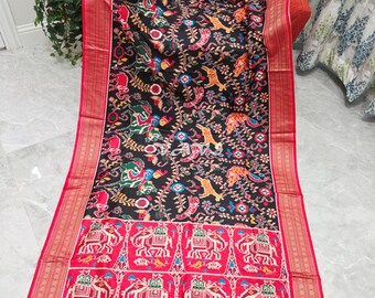 Black Patola Print Soft Silk Saree, Elephant Pallu, Stitched Blouse Size 42-48, Indian Wedding Festival Saree
