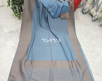 Antique Zari Chiffon Georgette Saree with Stitched Blouse Size 40-46 Dusty Sky Blue Wedding Festival Party Saree