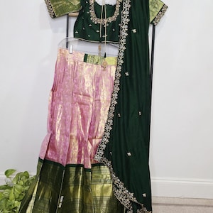 Size 36 Extends To 42. Emerald Green & Rose Gold Pure Kanchi Silk Lehenga Set with Embroidered Dupatta