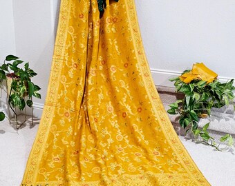 Size 36 Extends to 42. Pure Khaddi Viscose Georgette Designer Saree - Ruffle Sleeves Blouse. Ready to ship from Prosper, TX VAVS Womens Stop