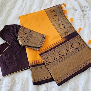 Size 36 Extends To 42. Exclusive Amber Yellow Semi Gadwal Silk Saree with Snuff Brown Border | Stitched Blouse | Traditional Festive Wear