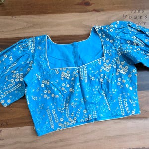 Size 36 Extends to 42. Copper Sulphate Blue Georgette Party Wear Blouse | Premium Tailored Designer Blouse Ready to Ship. VAVS Women's Stop.