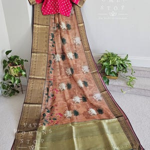 Size 38 Extends to 44. Kota Silk Kanchi Border Pichwai Prints Saree - Blouse. Ready to ship from Prosper, Texas by VAVS Womens Stop!