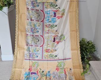 Sze 36 extends to 42. Semi Banarasi Silk Saree with Kalamkari Print & Attached Border – Designer Saree with Blouse | Festive Party Wear