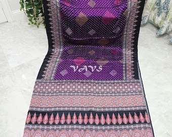 Purple Ajrakh Bandhani Munga Crepe Silk Saree, Black Border, Stitched Blouse Size 38-44, Indian Wedding Festival Saree