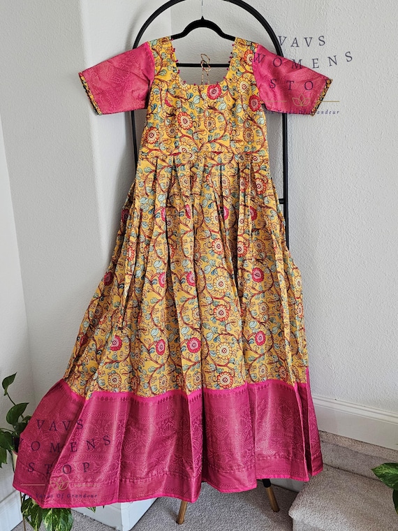 Customized Traditional Kalamkari Benarasi Silk Trending Long Frock Size Xl! Ready to Ship from Texas, USA! Indian Traditional Long Gowns!