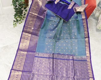Mangalagiri Pattu Checks Teal Blue Saree with Purple Zari Border & Stitched Blouse Size 40 Extends To 46