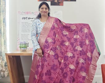 Raspberry Pink Semi Kanchi Ikat Pochampally Print Soft Silk Saree with Emerald Green Border