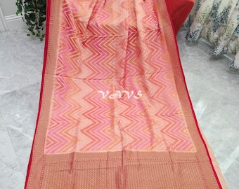 Peach Pure Munga Crepe Silk Saree, Gold Chevron Design, Stitched Blouse Size 40-46, Indian Wedding Festival Saree