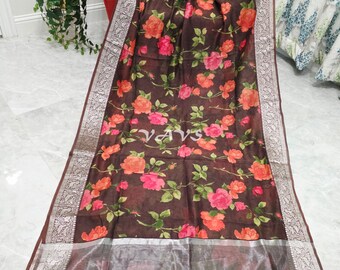 Brown Floral Chanderi Linen Cotton Saree, Stitched Blouse Size 36-42, Indian Wedding Guest Festival Saree