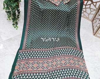 Emerald Green Ajrakh Semi Modal Silk Saree, Original Mirror Work, Stitched Blouse Size 36-42, Indian Wedding Festival Saree