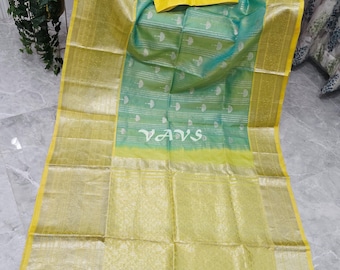 Aqua Mint Pure Venkatagiri Soft Silk Saree, Lemon Gold Zari Border, Stitched Blouse Size 40-46, Indian Wedding Saree