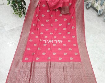 Semi Tussar Georgette Saree with Stitched Blouse Size 38-44 Rose Pink Silver Zari Wedding Festival Party Saree