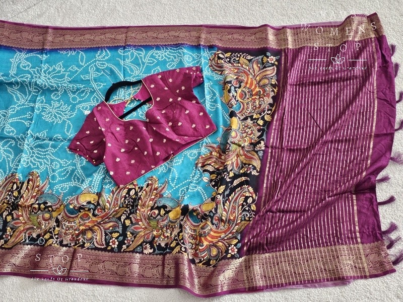 Women Turquoise Munga Silk Digital Print Saree With Unstitched Blouse