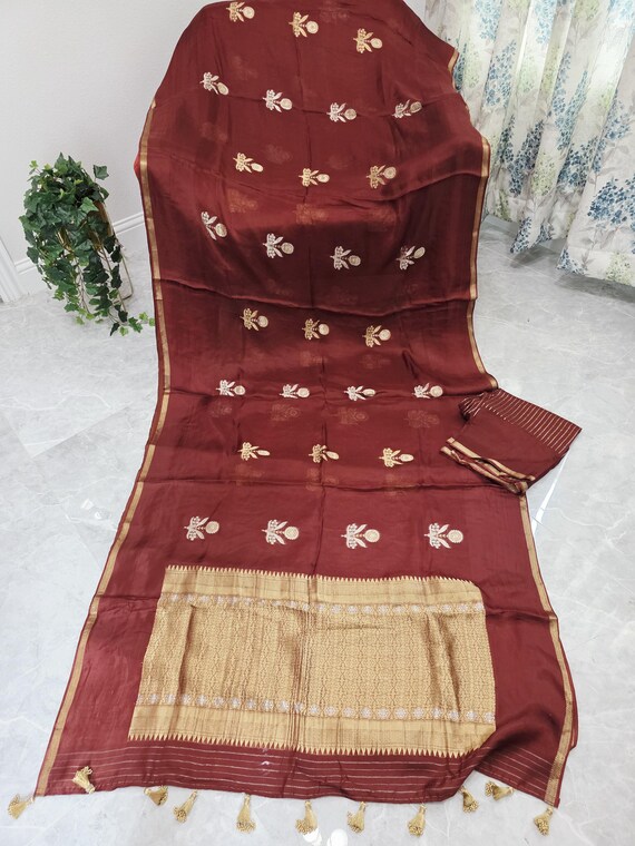 Maroon Antique Gold Pure Manipuri Kota Silk Saree with Unstitched Blouse Piece Ready to Wear Festive Indian Saree