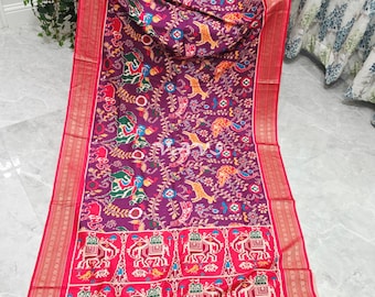 Wine Plum Patola Print Soft Silk Saree, Elephant Pallu, Stitched Blouse Size 38-44, Indian Wedding Festival Saree