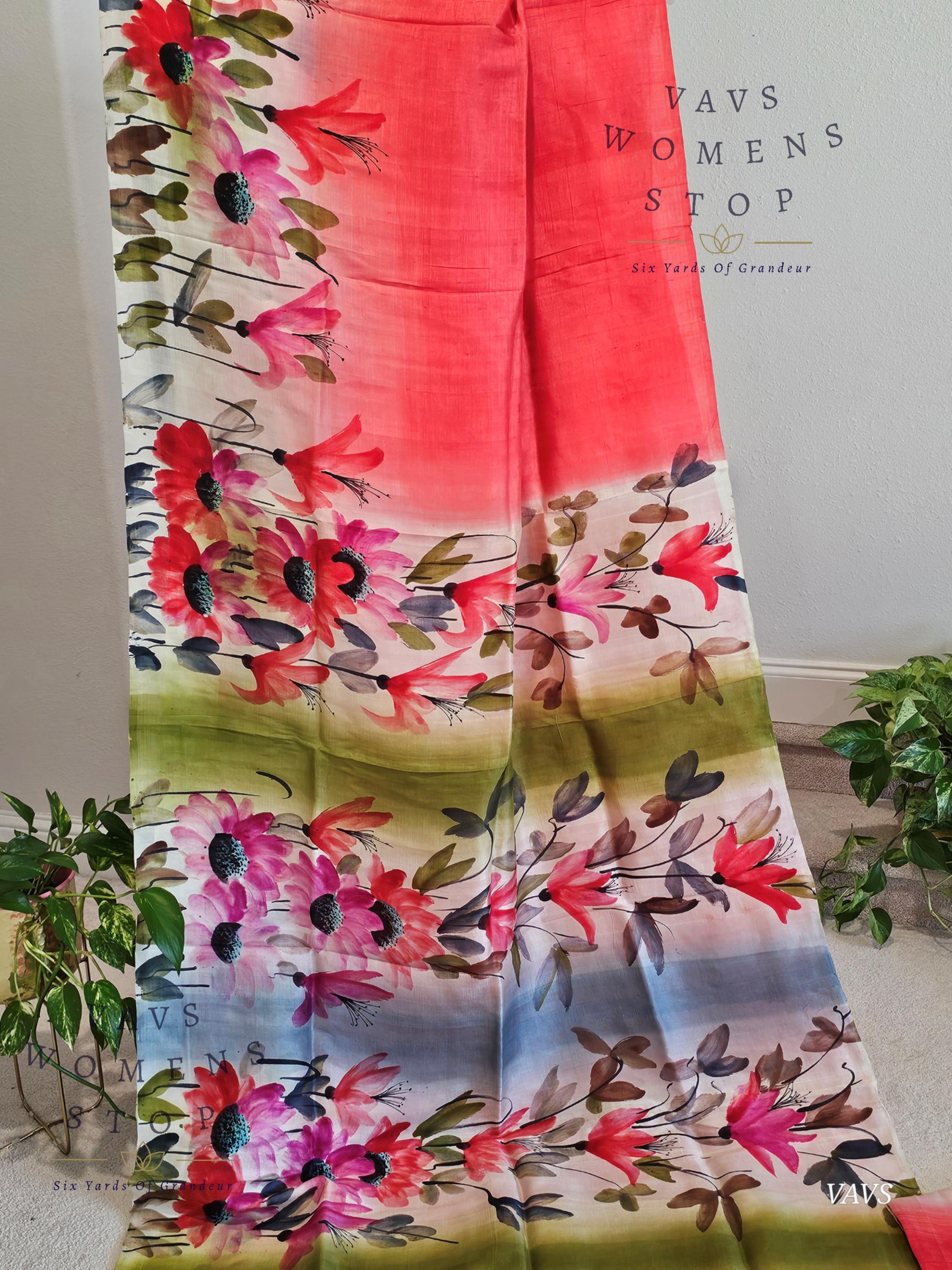 Floral Hand-Printed Pure Tussar Silk Saree FH104 main image 1