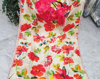 Ivory Russian Crepe Silk Floral Sequins Saree, Rani Pink Stitched Blouse Size 36-42, Wedding Guest Festival Saree