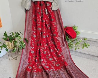 Red Banarasi Semi Tussar Georgette Saree with Meenakari & Grey Silver Designer Blouse | Size 36–42 | Ready to Ship